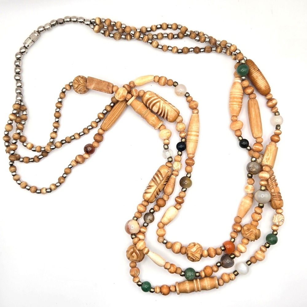 Vintage 3-Strand Carved Bovine Bone and Stone Beaded Necklace Aventurine Agate